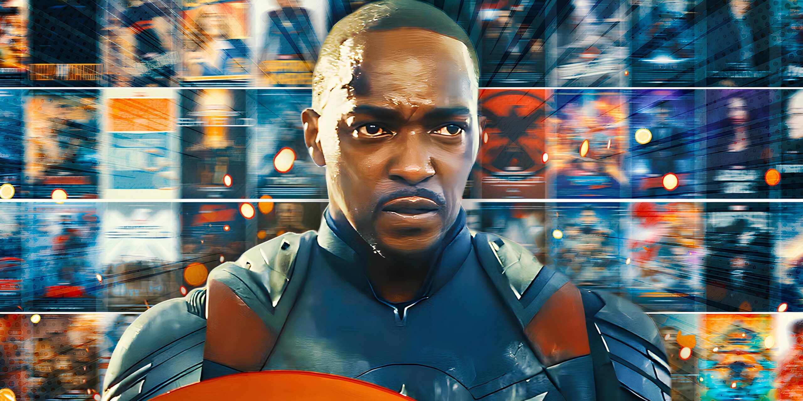Anthony Mackie parecendo preocupado como Sam Wilson em Capitão América: Admirável Mundo Novo (2025) acima de um fundo desfocado e fumegante dos muitos projetos de TV do MCU