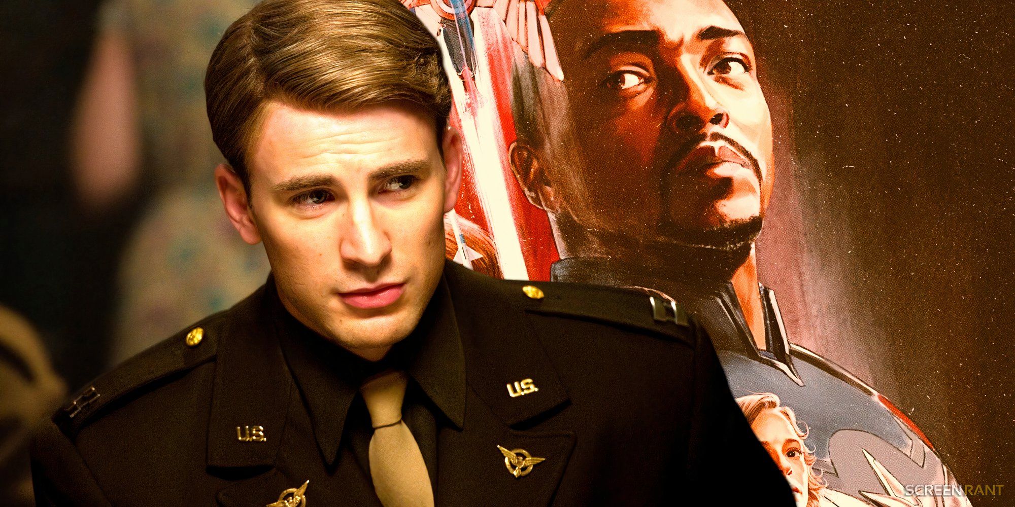 Chris Evans como Steve Rogers em um traje militar e um pôster do Capitão América Admirável Mundo Novo-1