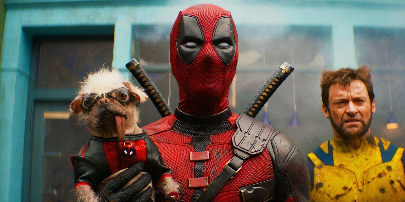 Deadpool segurando Dogpool enquanto Wolverine fica atrás dele em Deadpool & Wolverine