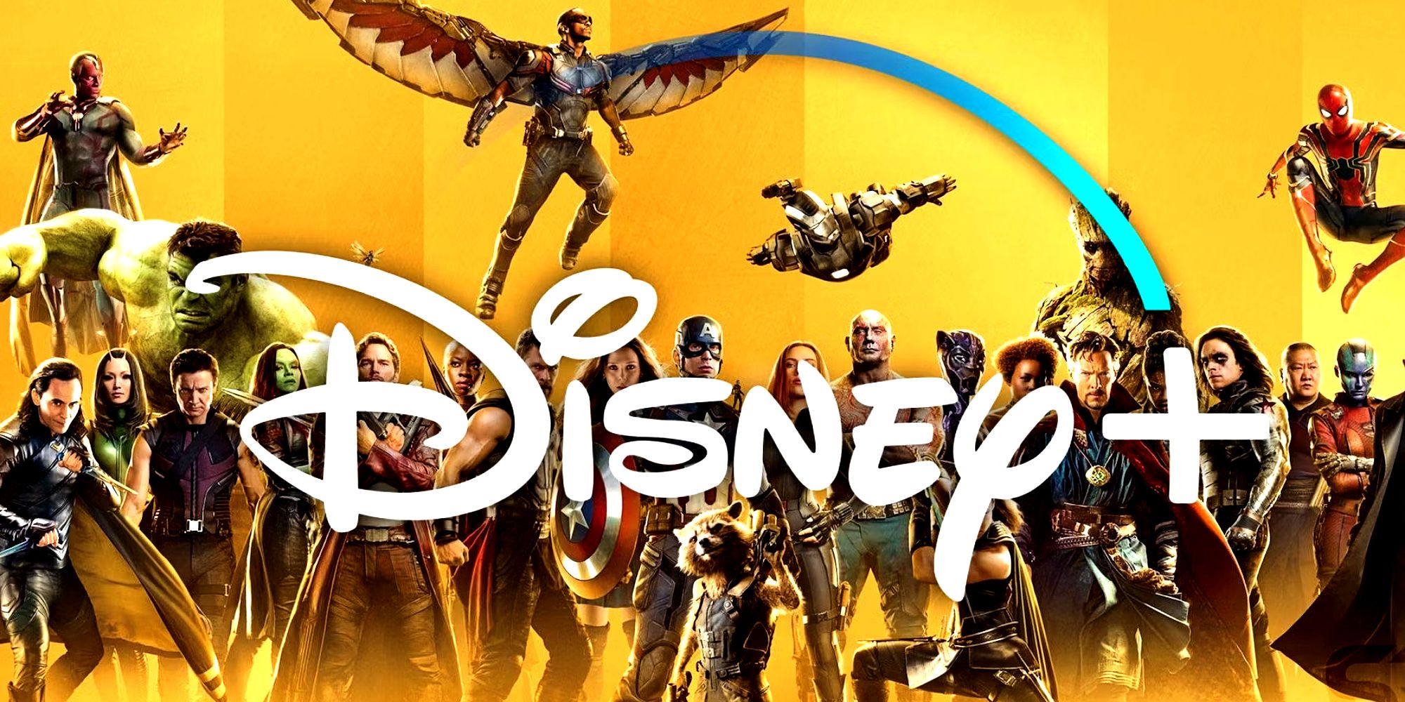 Personagens do Universo Cinematográfico Marvel e logotipo do MCU Disney+