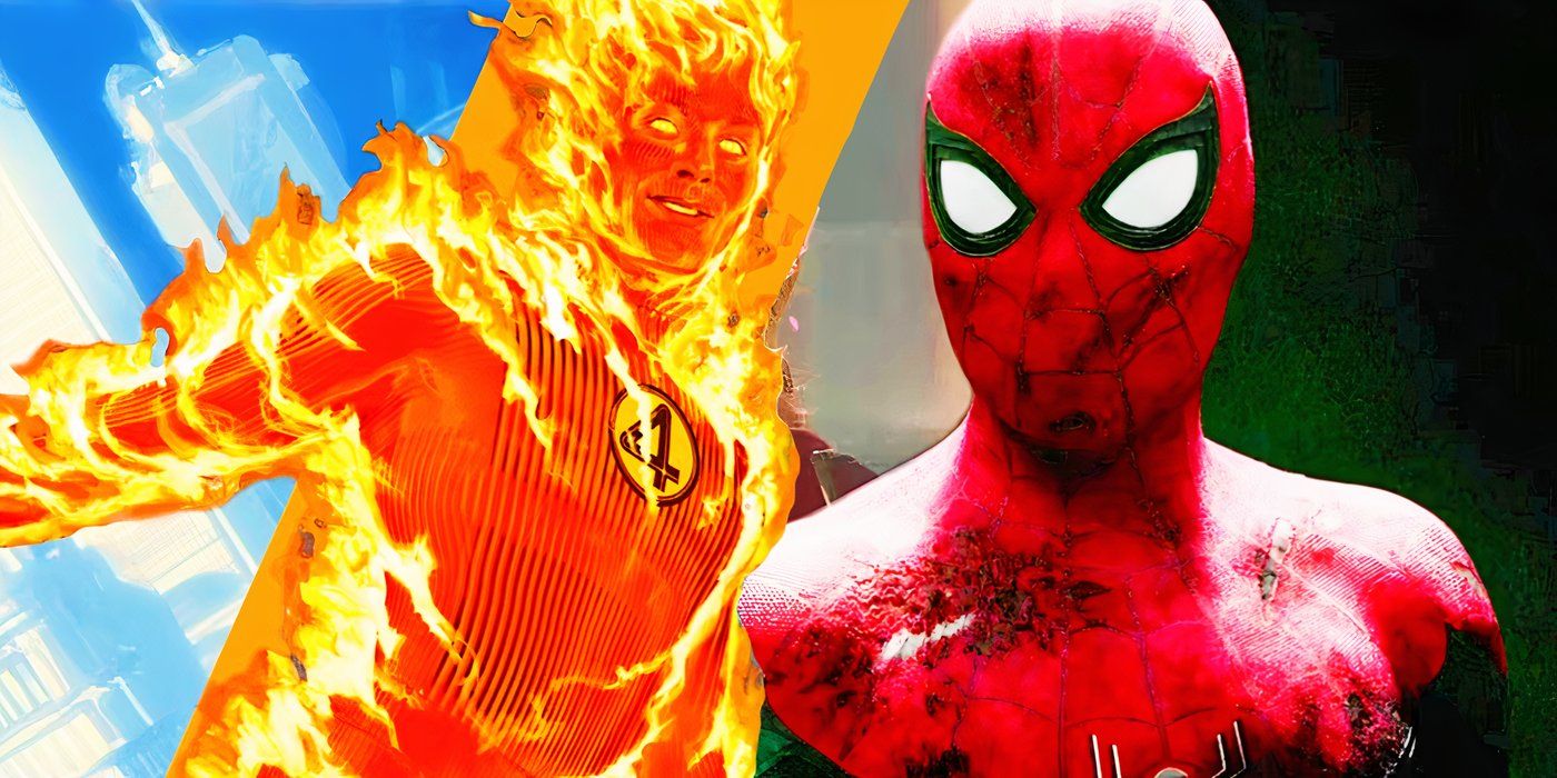 Homem-Aranha do MCU em traje de batalha à direita e Tocha Humana dos quadrinhos voando em chamas à esquerda