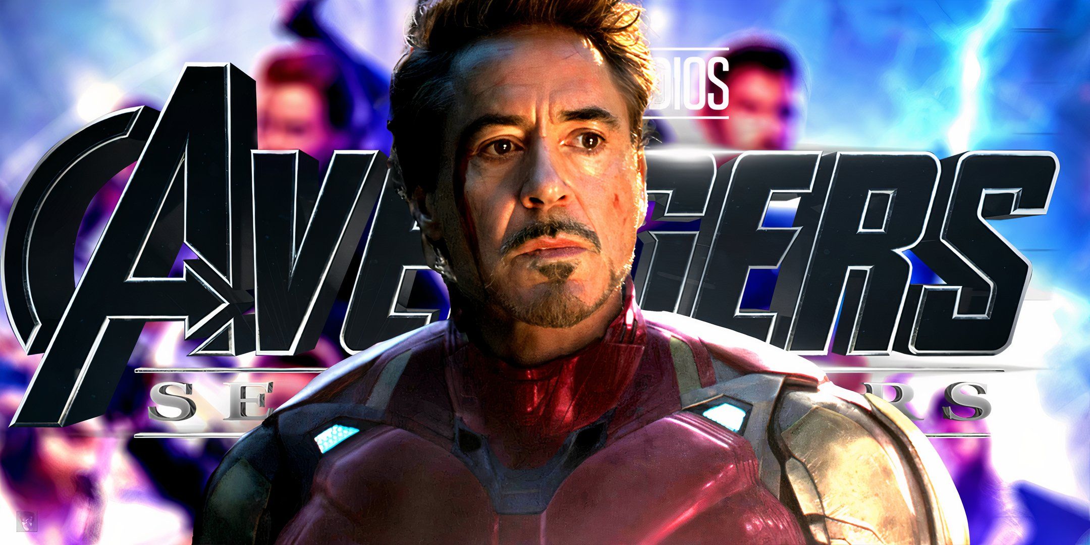 Tony Stark: Homem de Ferro, de Robert Downey Jr., olhando solenemente para o fundo de Vingadores: Guerras Secretas e Ultimato